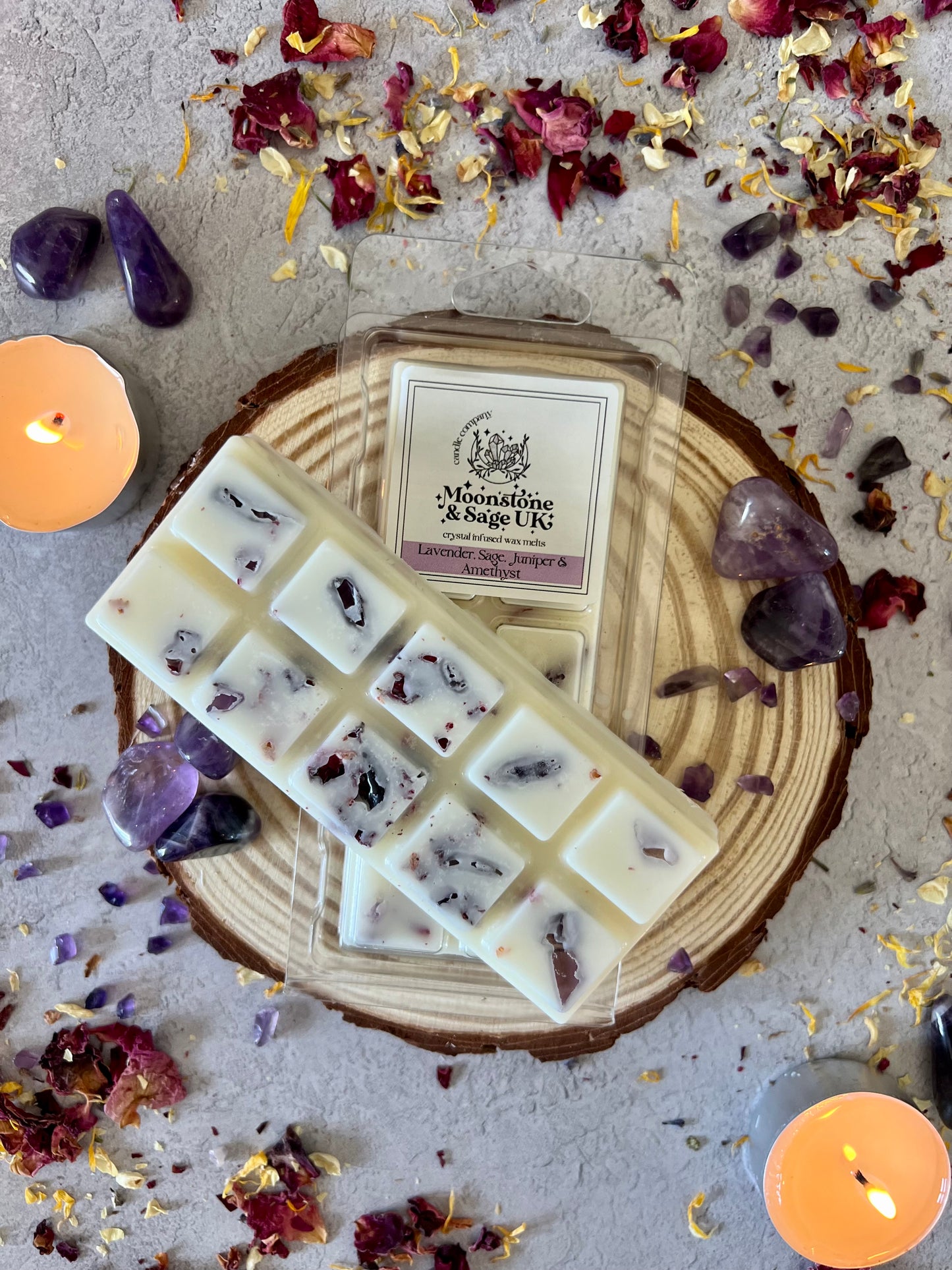 LAVENDER, JUNIPER & SAGE Crystal Infused Wax Melt Snap Bar with Amethyst Chips