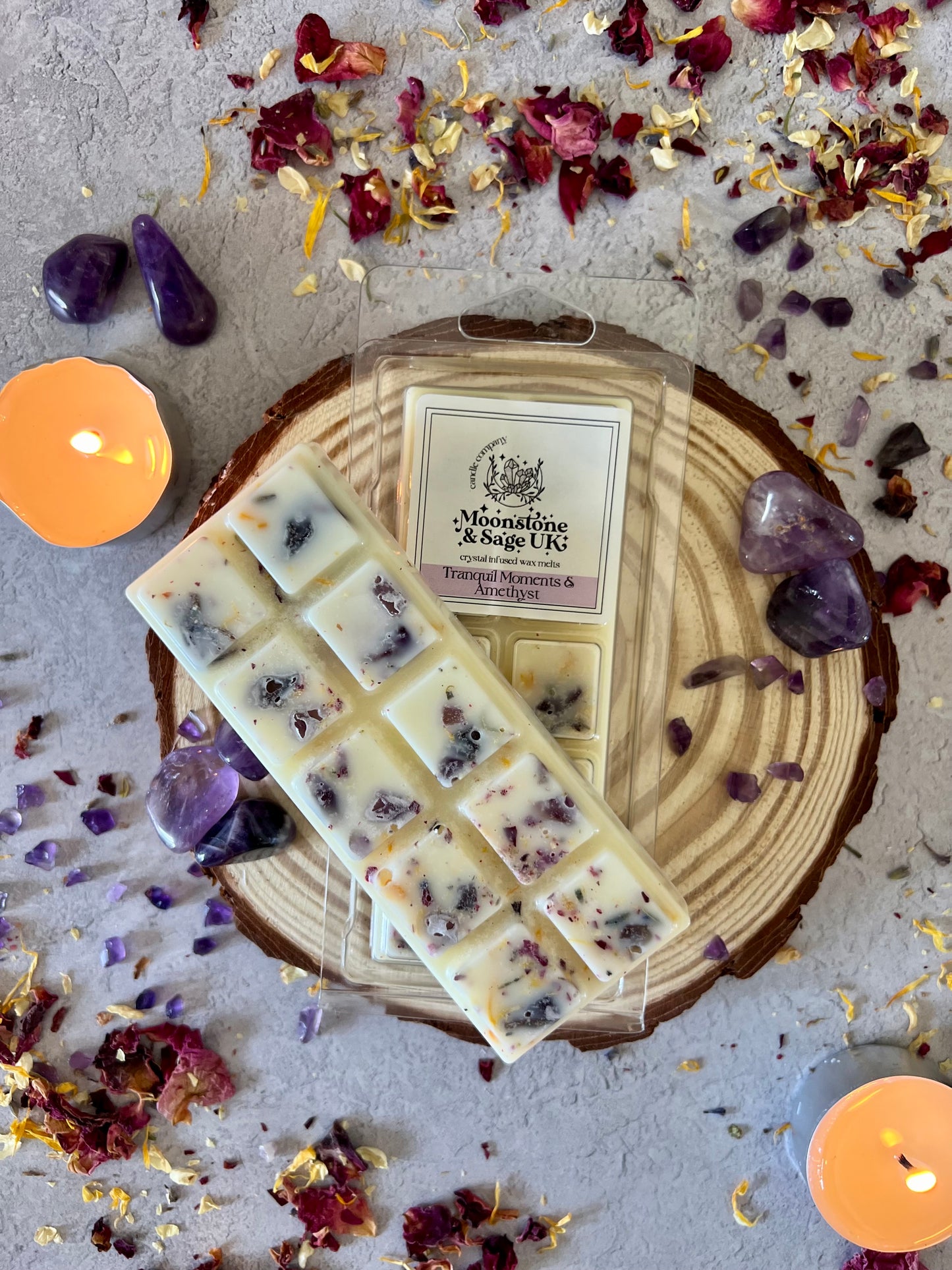 TRANQUIL MOMENTS (Spa Type) Crystal Infused Wax Melt Snap Bar with Amethyst Chips