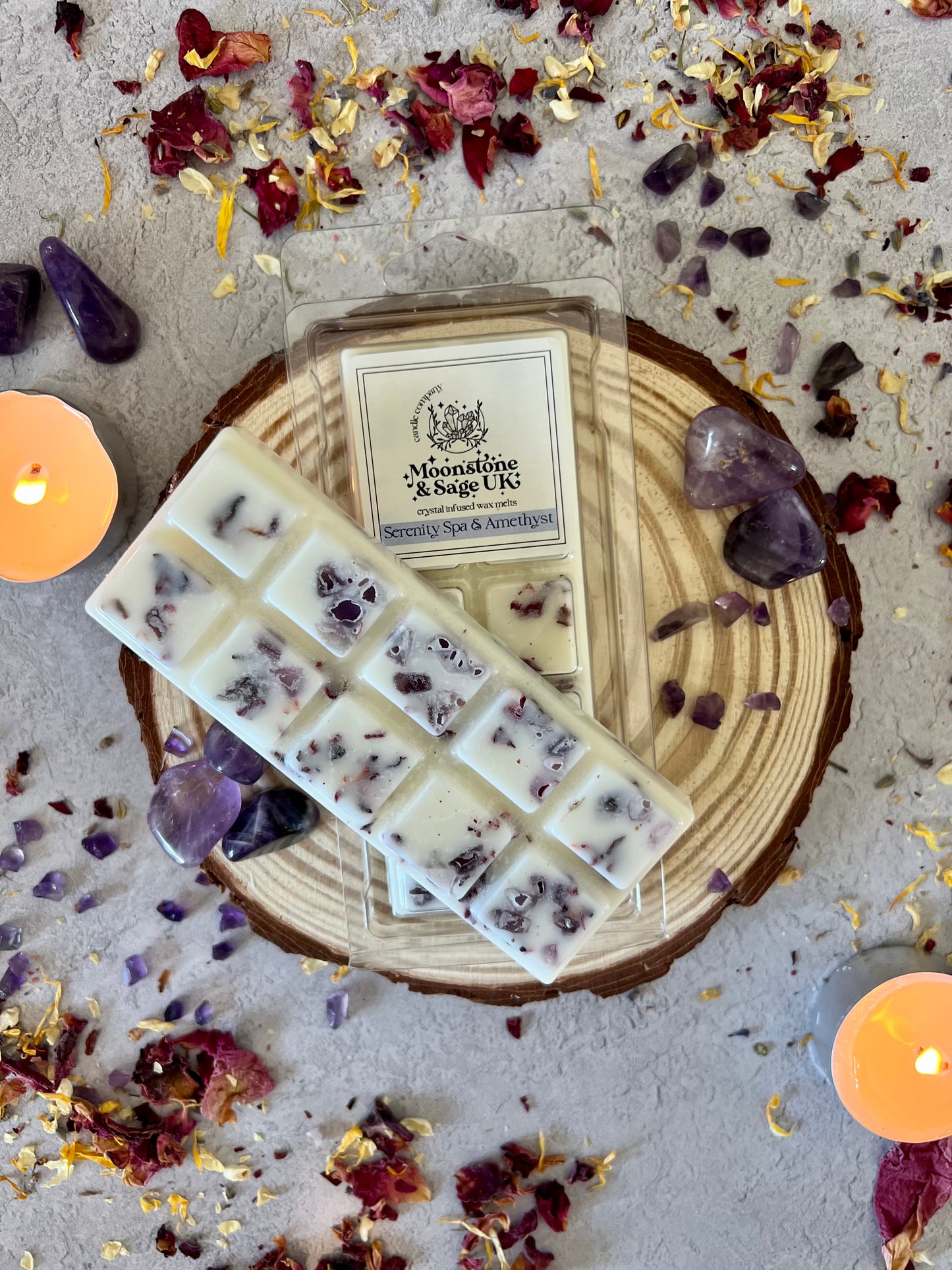 SERENITY (Spa Type) Crystal Infused Wax Melt Snap Bar with Amethyst Chips.