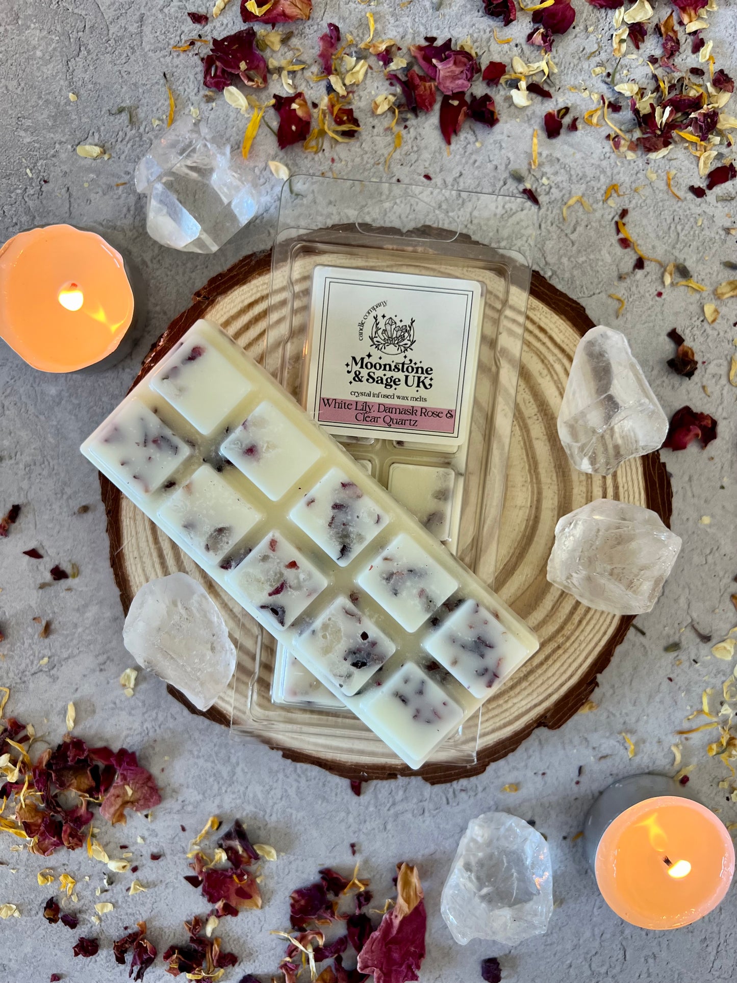 WHITE LILY + DAMASK ROSE (Spa Type) Crystal Infused Wax Melt Snap Bar with Clear Quartz Chips.