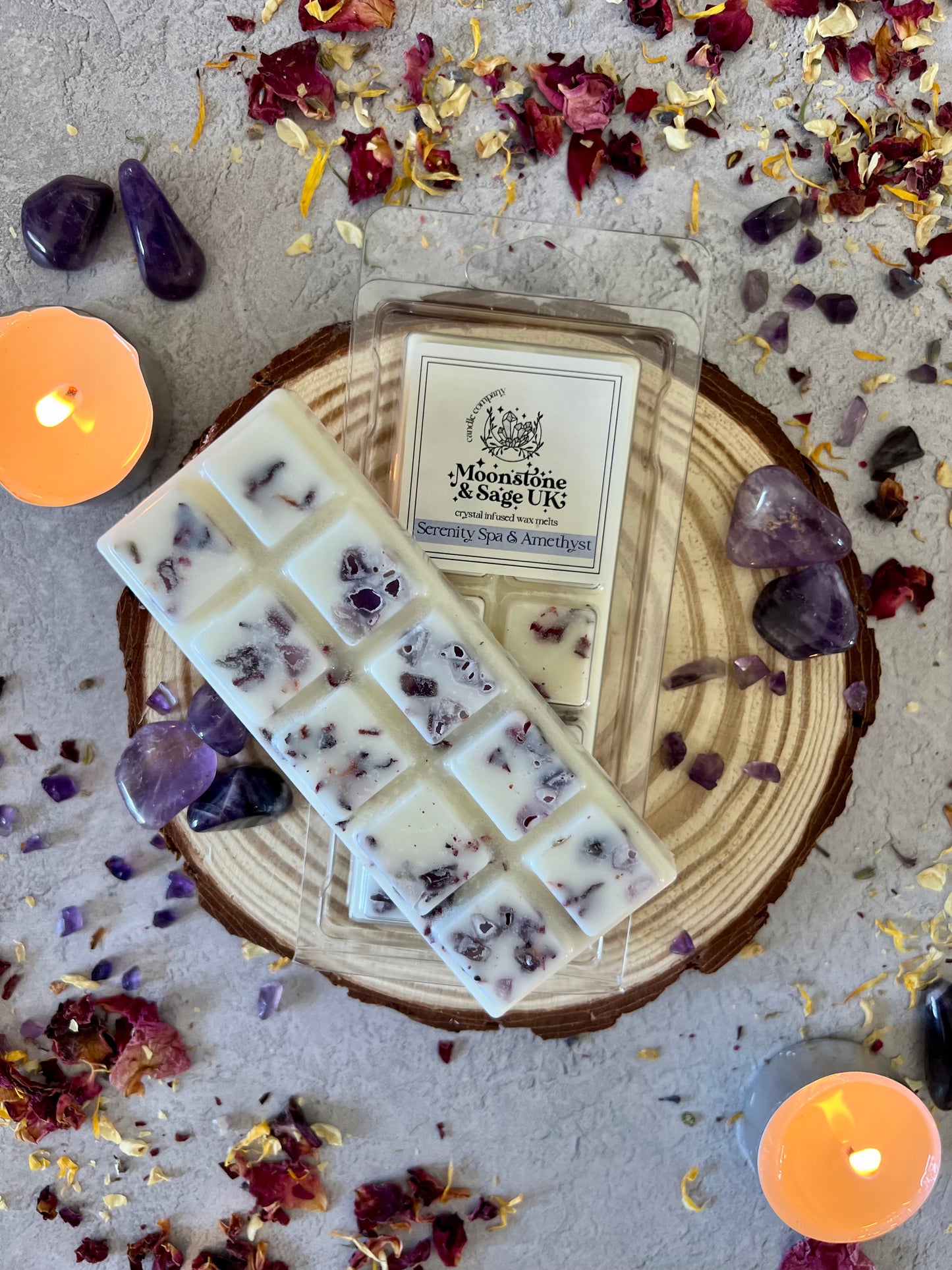 SERENITY (Spa Type) Crystal Infused Wax Melt Snap Bar with Amethyst Chips.