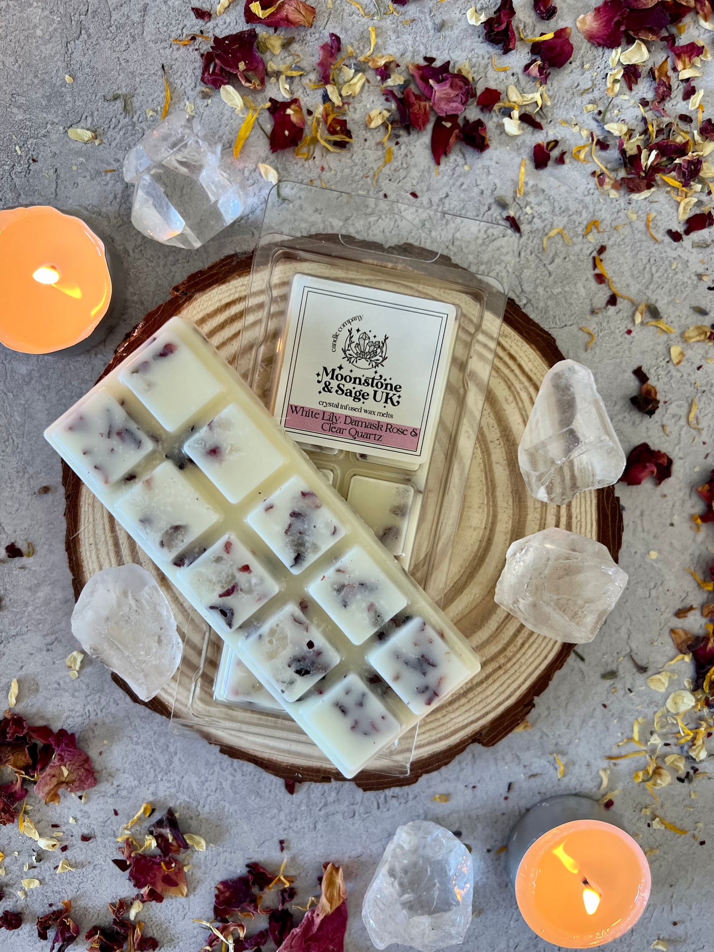 WHITE LILY + DAMASK ROSE (Spa Type) Crystal Infused Wax Melt Snap Bar with Clear Quartz Chips.