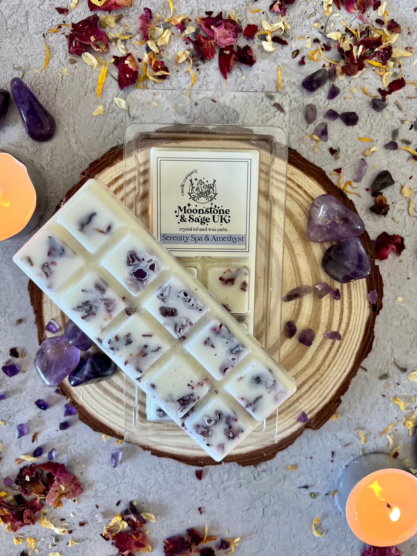 SERENITY (Spa Type) Crystal Infused Wax Melt Snap Bar with Amethyst Chips.