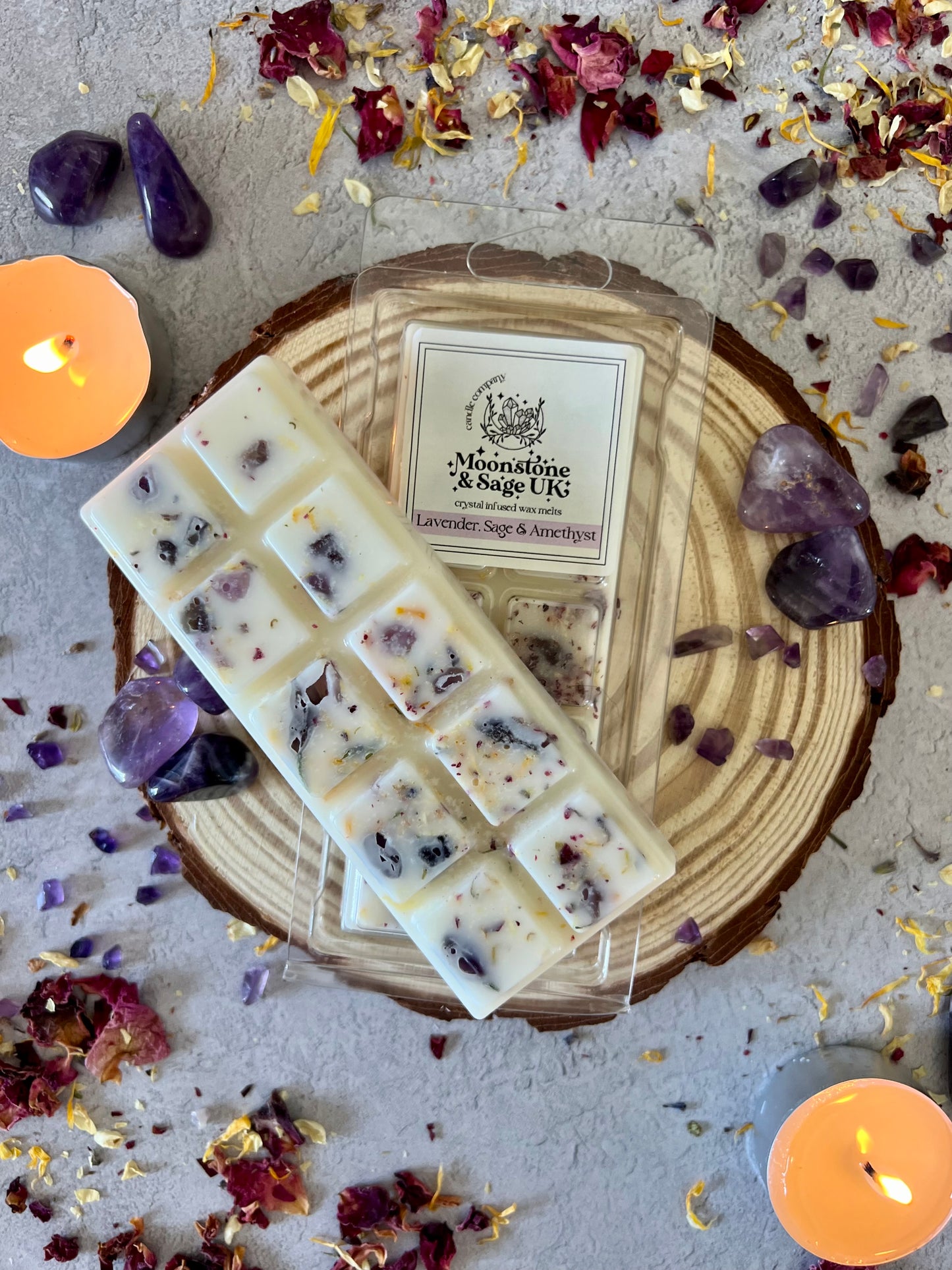 LAVENDER & SAGE Crystal Infused Wax Melt Snap Bar with Amethyst Chips