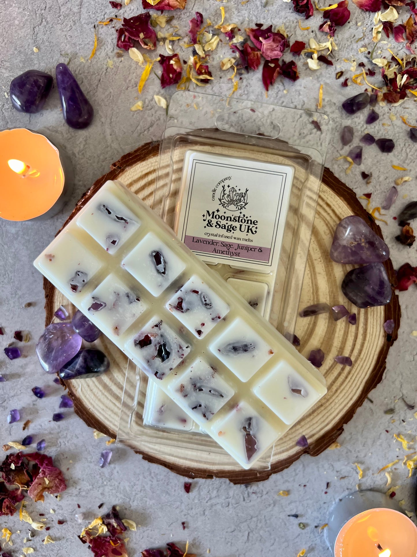 LAVENDER, JUNIPER & SAGE Crystal Infused Wax Melt Snap Bar with Amethyst Chips