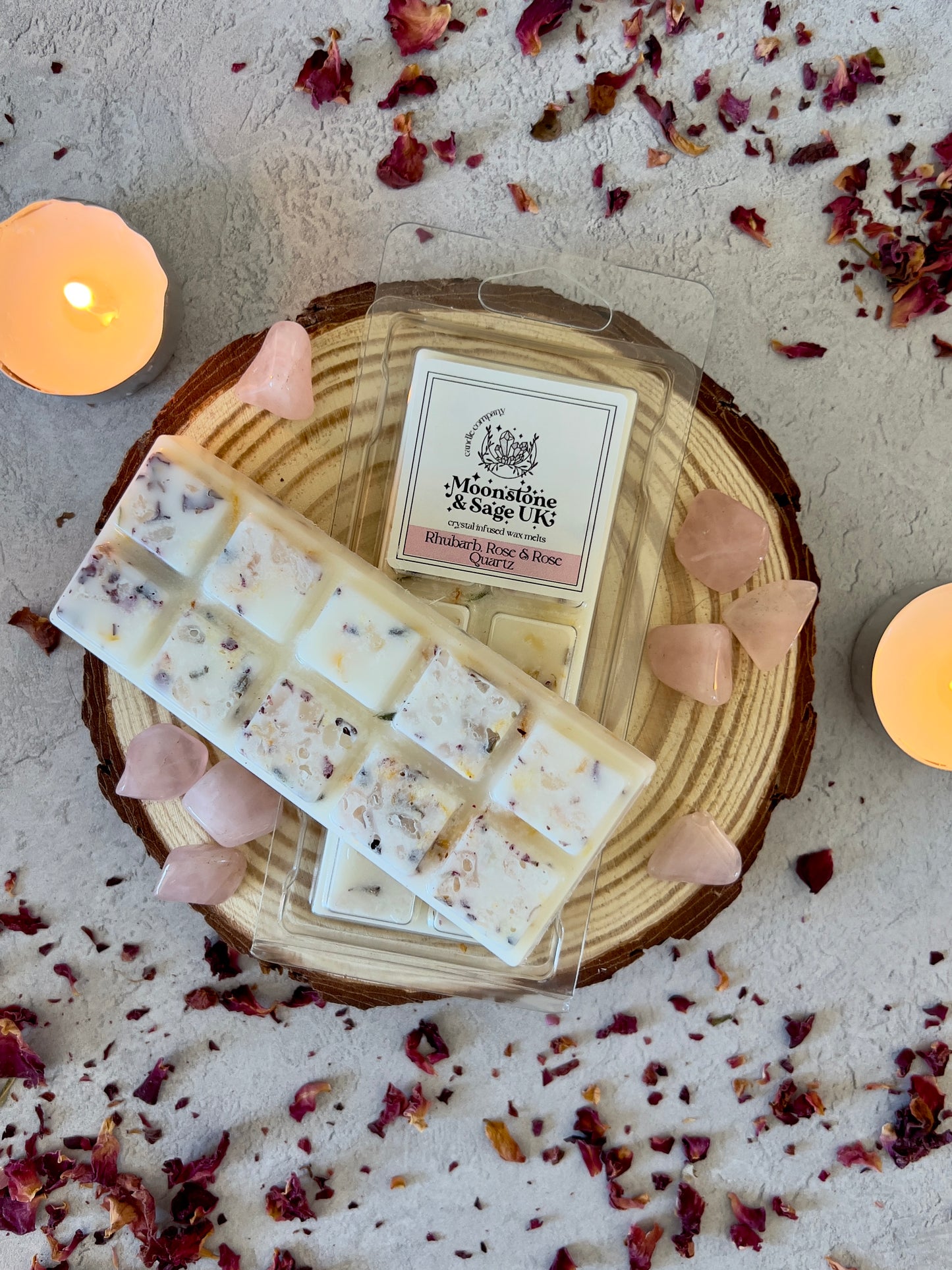 RHUBARB + ROSE Crystal Infused Wax Melt Snap Bar with Rose Quartz Chips.