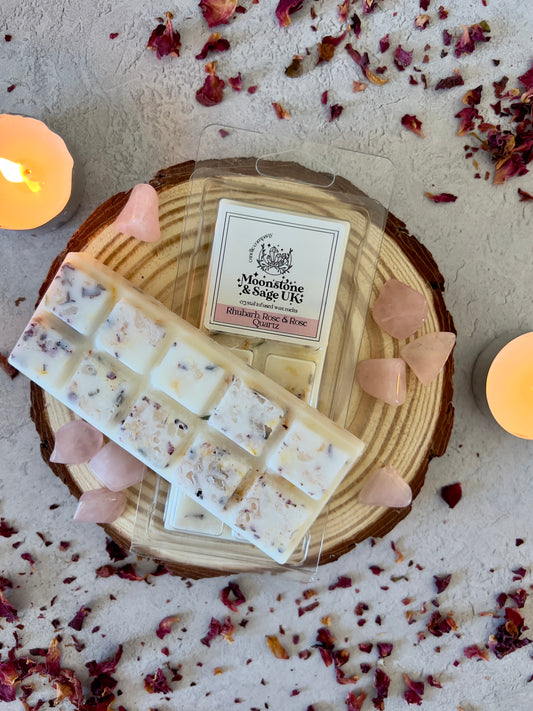 RHUBARB + ROSE Crystal Infused Wax Melt Snap Bar with Rose Quartz Chips.