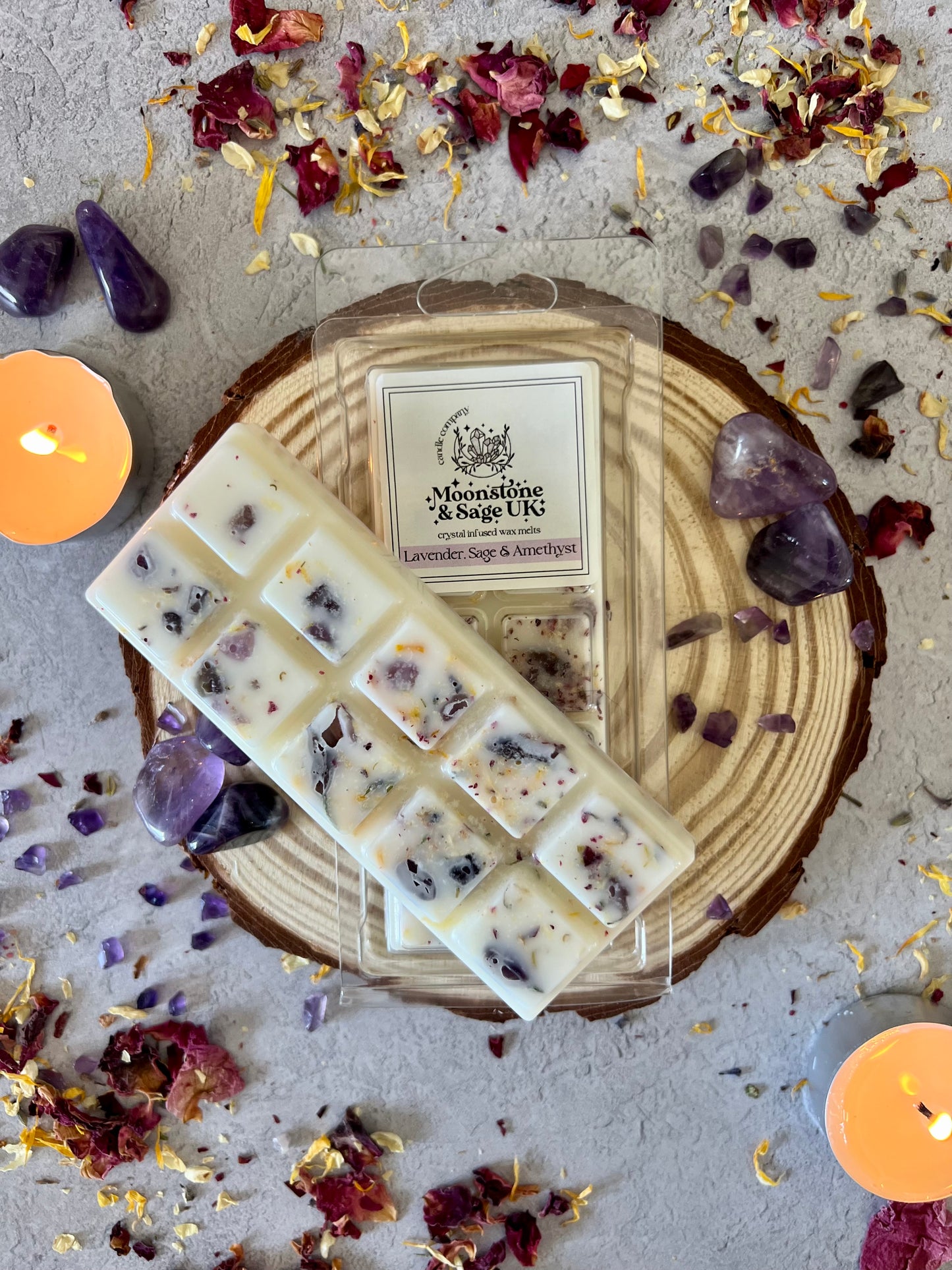 LAVENDER & SAGE Crystal Infused Wax Melt Snap Bar with Amethyst Chips