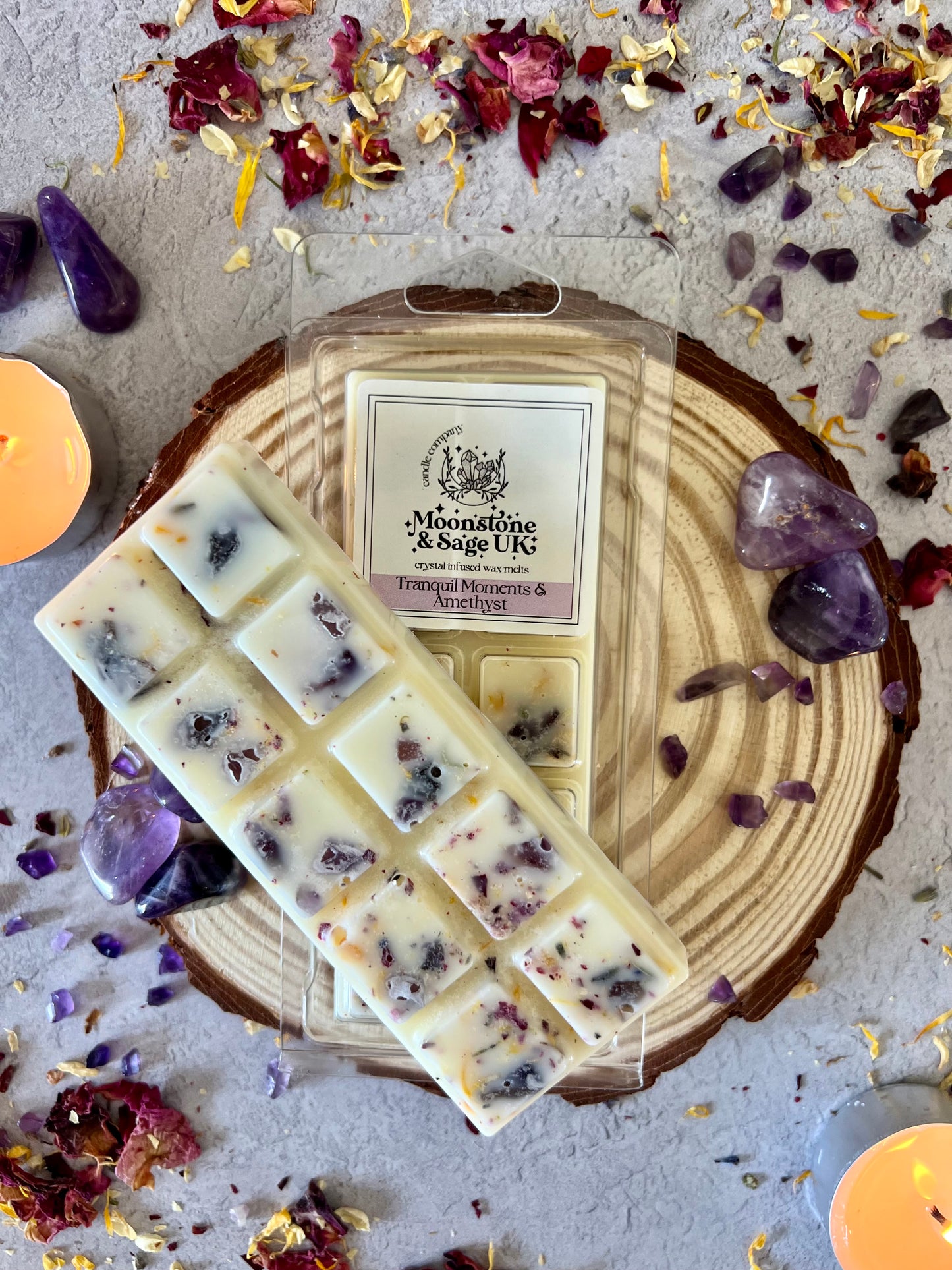 TRANQUIL MOMENTS (Spa Type) Crystal Infused Wax Melt Snap Bar with Amethyst Chips