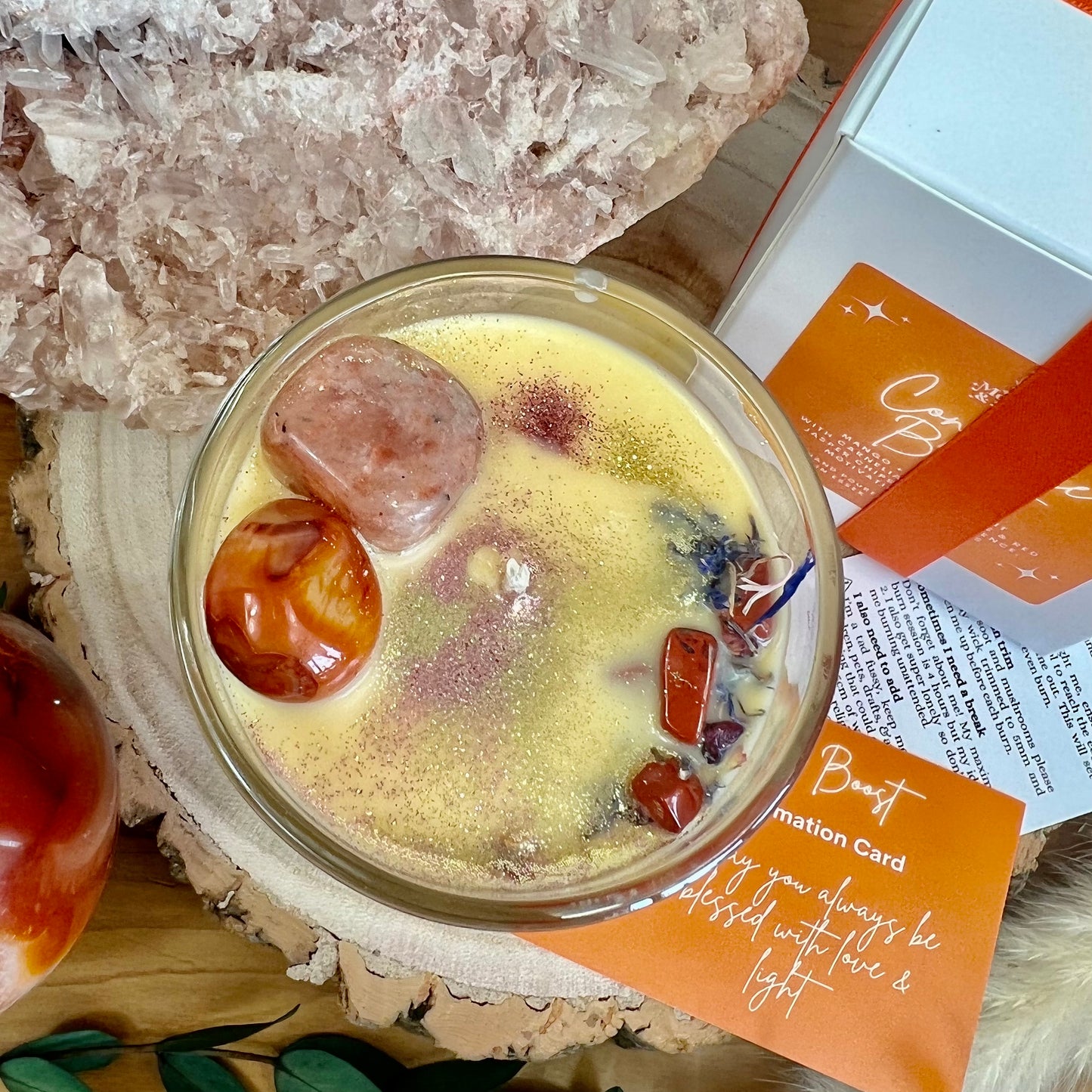 Confidence Boost Crystal Candle with Carnelian and Sunstone (Mango + Passionfruit)