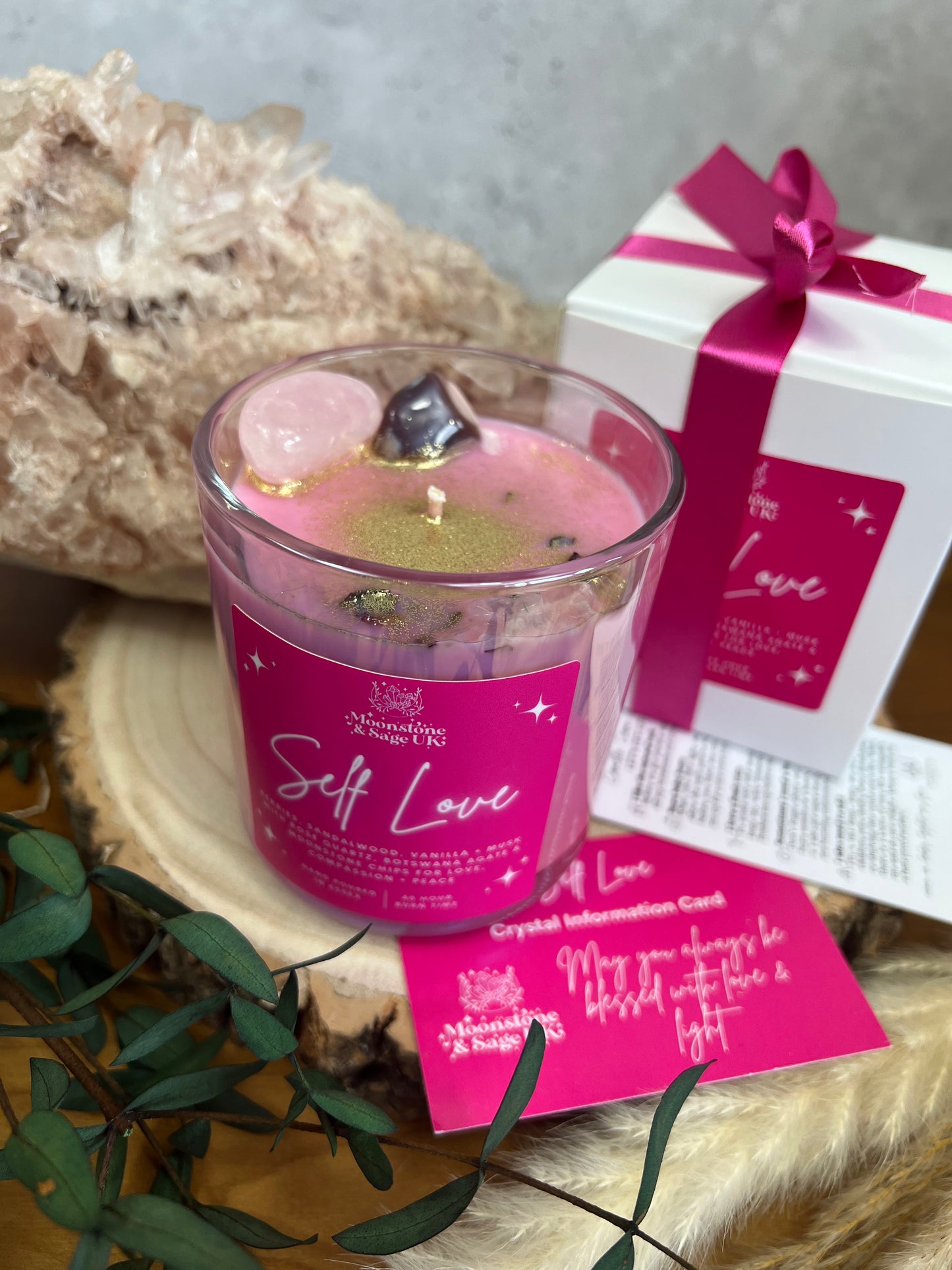 Self Love Crystal Candle with Rose Quartz and Botswana Agate ( Raspberry, Sandalwood, Vanilla + Musk)