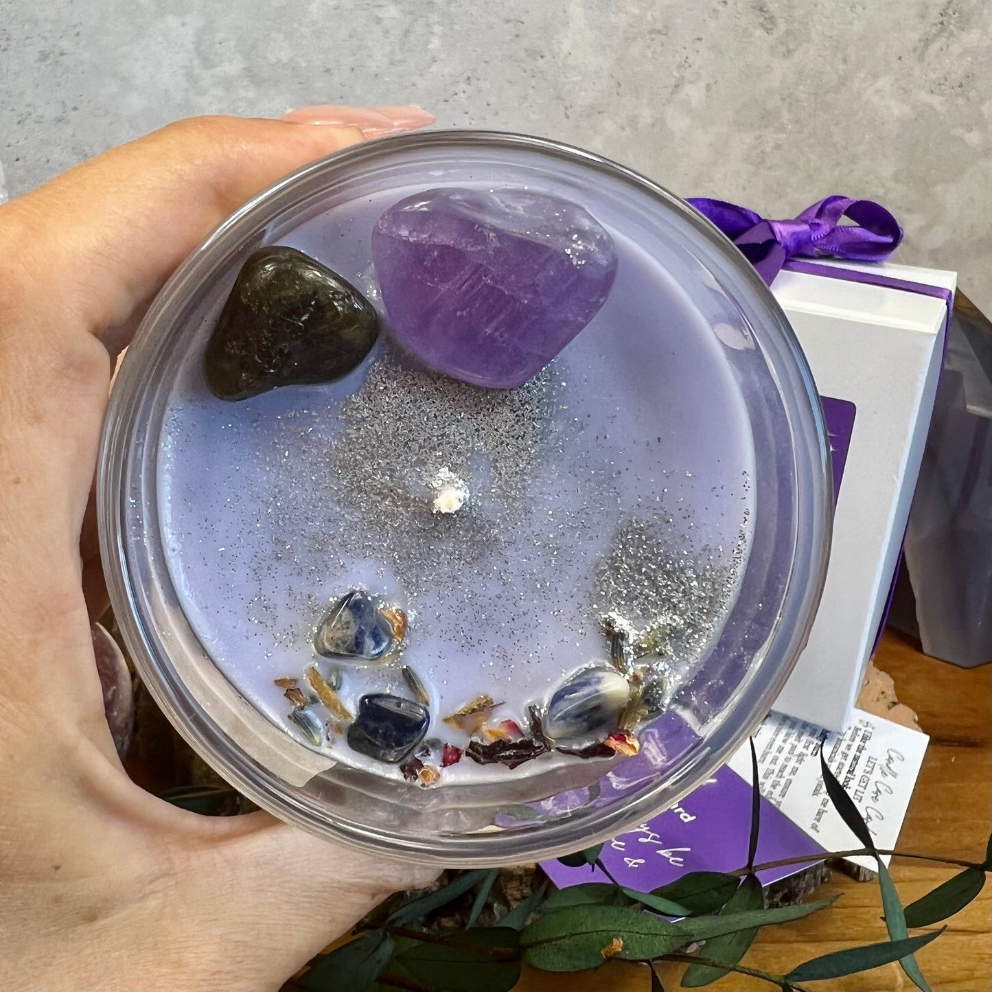 Stress Relief Crystal Candle with Amethyst and Labradorite (Lavender + Sage)