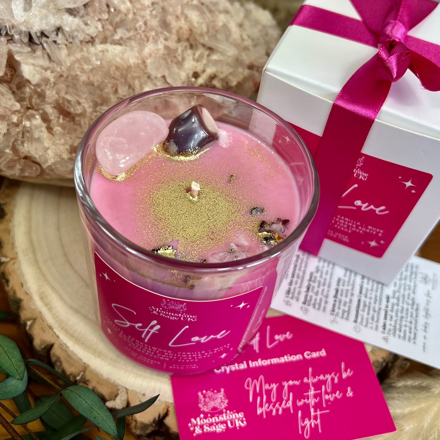 Self Love Crystal Candle with Rose Quartz and Botswana Agate ( Raspberry, Sandalwood, Vanilla + Musk)