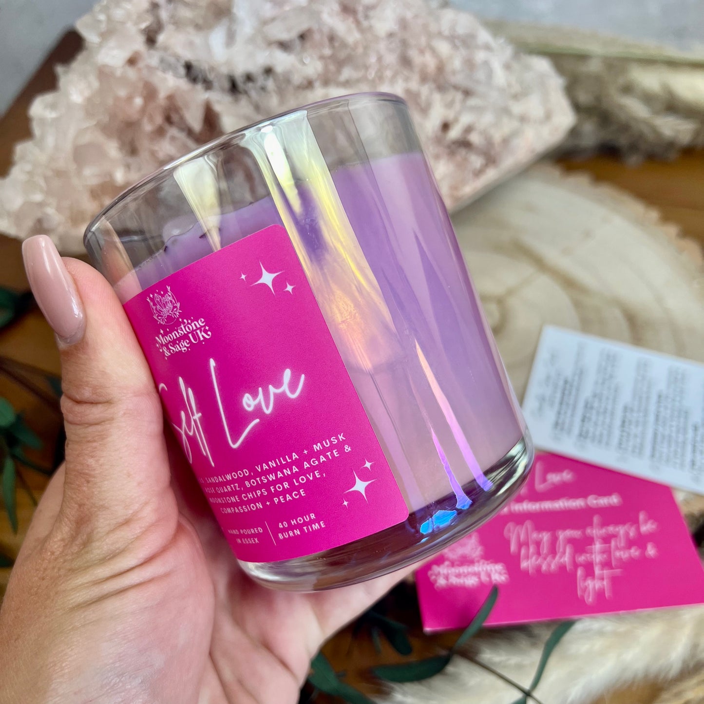 Self Love Crystal Candle with Rose Quartz and Botswana Agate ( Raspberry, Sandalwood, Vanilla + Musk)