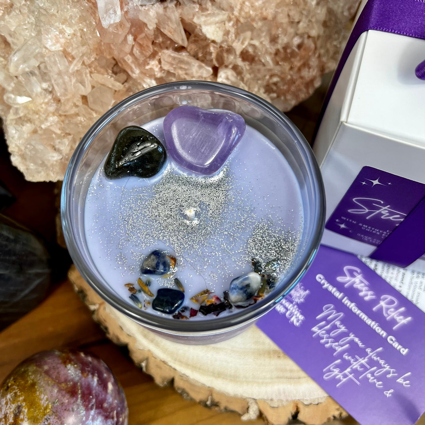 Stress Relief Crystal Candle with Amethyst and Labradorite (Lavender + Sage)