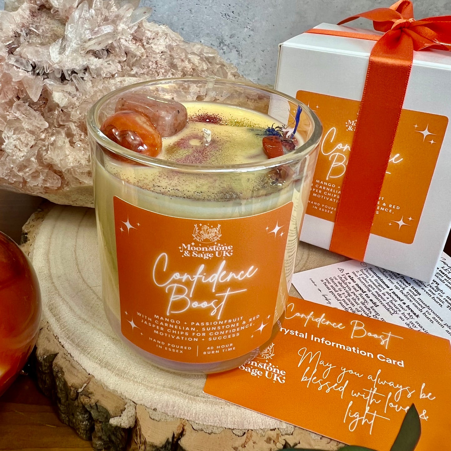 Confidence Boost Crystal Candle with Carnelian and Sunstone (Mango + Passionfruit)