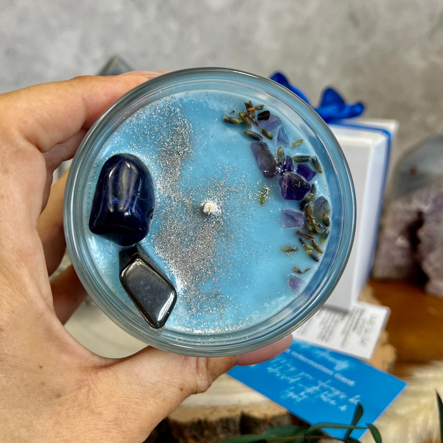 Anti Anxiety Crystal Candle with Sodalite and Blue Tigers Eye (Lavender, Juniper + Sage)