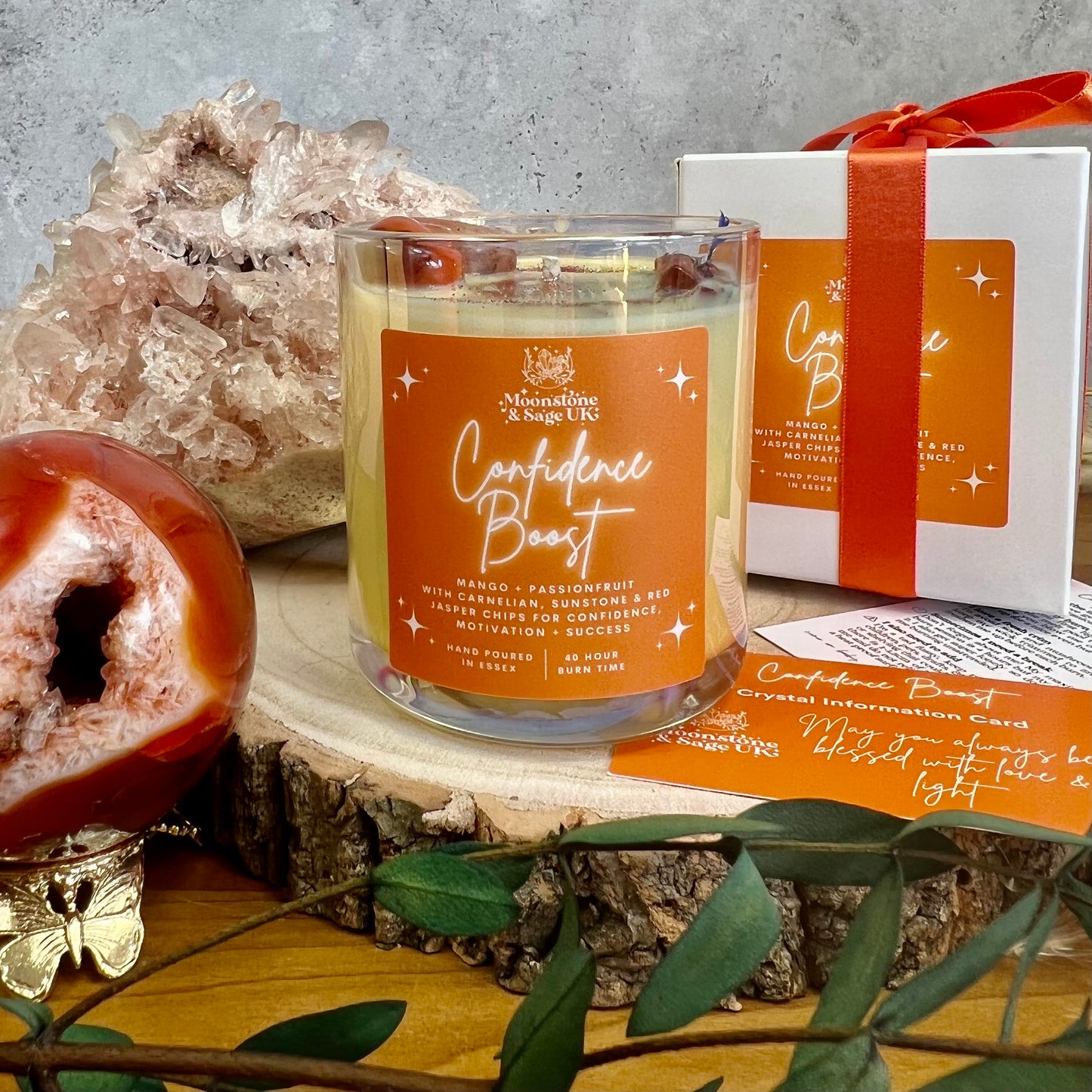 Confidence Boost Crystal Candle with Carnelian and Sunstone (Mango + Passionfruit)