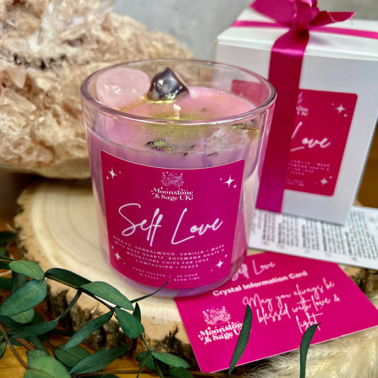 Self Love Crystal Candle with Rose Quartz and Botswana Agate ( Raspberry, Sandalwood, Vanilla + Musk)